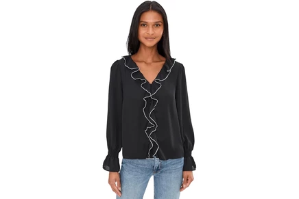 Блузка CeCe Contrast Ruffle Trim Long Sleeve V-Neck Top