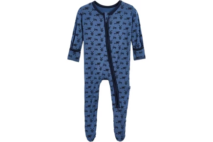Kickee Pants Kids Print Footie With 2 Way Zipper (Infant) denim tractors/windmills