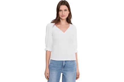 Liverpool Los Angeles Petite Elbow Sleeve Notch Knit Tee cream