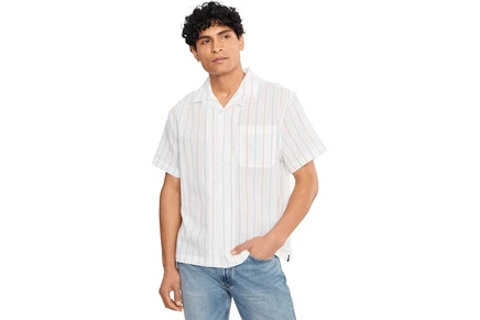 Liverpool Los Angeles Short Sleeve Button-Up Camp Shirt ivory aqua stripe