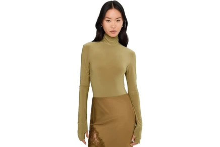 Norma Kamali Long Sleeve Turtle Bodysuit camel
