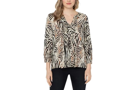 Liverpool Los Angeles 3/4 Sleeve Peasant Top with Pin Tucks all over patchwork animal print