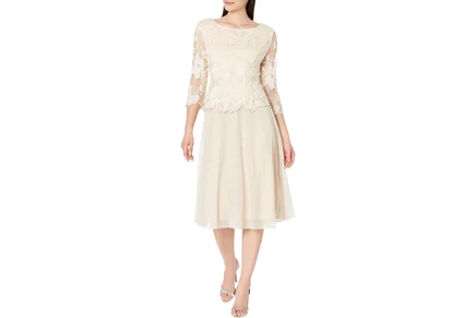 Платье Alex Evenings Tea Length Embroidered Dress with Illusion Sleeve and Scallop Detail Full Skirt