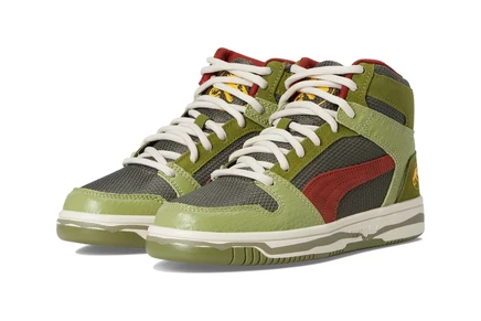 PUMA Kids Rebound Layup Mid Jurassic World Shoes (Big Kid) green moss/mars red/yellow sizzle