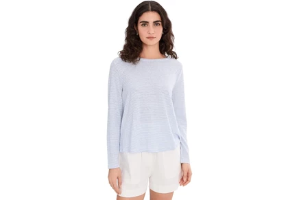 Eileen Fisher Striped Organic Linen Jersey Crew Neck Long Sleeve Tee skylight