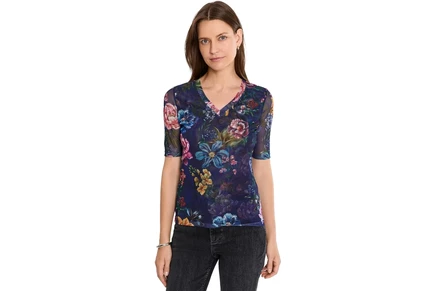 Женская футболка Johnny Was V-Neck Elbow Sleeve Mesh Top