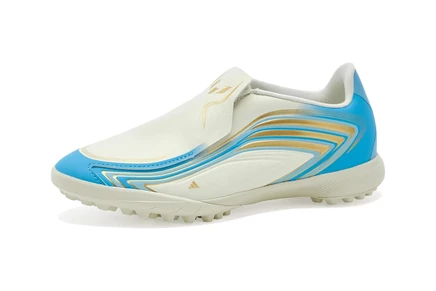 adidas Kids F50 Messi League Laceless Turf Football (Little Kid/Big Kid) ivory/semi blue burst/icey blue