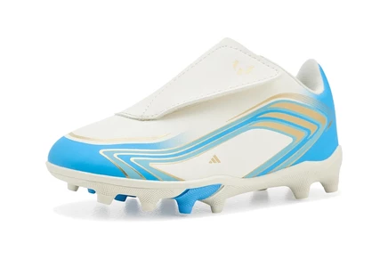 adidas Kids F50 Messi Club Velcro Firm Ground/Multi Ground Football (Little Kid/Toddler) ivory/semi blue burst/icey blue