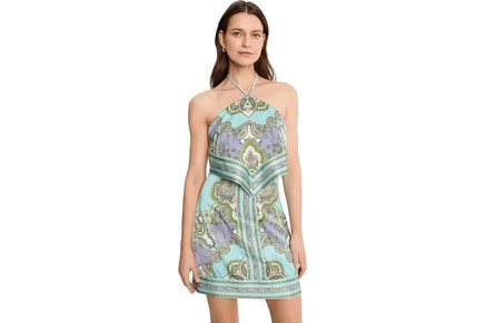 Avec Les Filles Printed Satin Scarf Halter Mini Dress aqua lisa paisley
