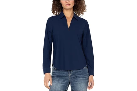 Liverpool Los Angeles Long Sleeve Collared Zip Front Knit Shirt dark navy