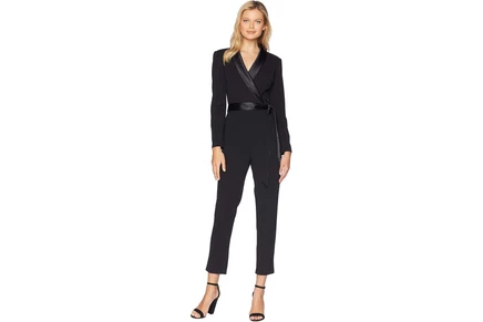 Комбинезон Adrianna Papell Knit Crepe Wrap Top Jumpsuit with Long Sleeves, Slim Pants, and Stretch Charmeuse Collar