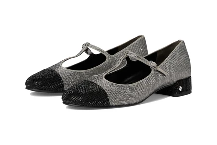 Tory Burch Cap-Toe T-Strap Pave Heel Ballet 25 mm lapis gray/black diamond