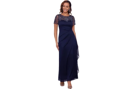 Платье XSCAPE Long Sheer Matte Jersey Side Ruched Bead Flutter Sleeve