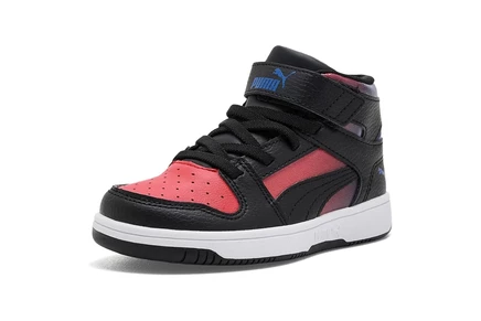 PUMA Kids Rebound Layup Mid Hook-and-Loop Shoes (Little Kid/Big Kid) puma black/festive blue/puma red