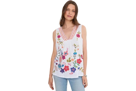 Женская футболка Johnny Was V-neck Shirred Linen Tank - Estrella