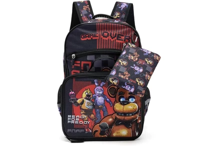 BIOWORLD Kids Five Nights Game Screen Five Piece Set Includes Backpack, Lunch Kit, Utility Case, Rubber Keychain And Carabiner red