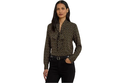 Lauren Ralph Lauren Chain-Print Crepe Tie Neck Blouse black multi
