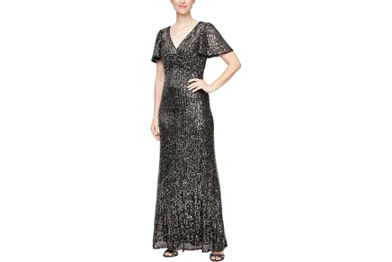 Платье Alex Evenings Long Sequins Gown with Flutter Sleeves and Front Knot Detail