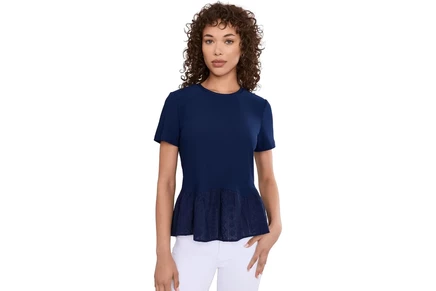 Топ CeCe Short Sleeve Mixed Media Poplin Knit Top