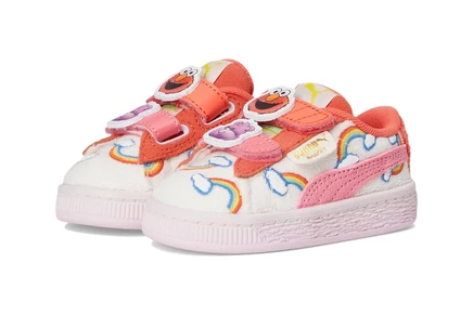 PUMA Kids Basket Care Bears X Sesame Street Hook And Loop Shoes (Toddler) frosted ivory/red glamour/pearl pink