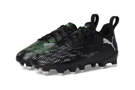 PUMA Kids Future 8 Play Firm Ground/Artificial Ground (Little Kid/Big Kid) puma black/cool light gray/fluo green