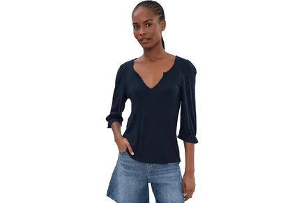 Liverpool Los Angeles Petite Elbow Sleeve Notch Knit Tee