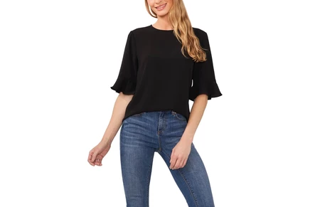 CeCe Ruffle Cuff Crew Neck Blouse rich black