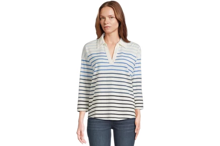 L.L.Bean Heritage Mariner Top Split-Neck Polo Three-Quarter-Sleeve Stripe blue ombre