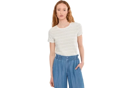Liverpool Los Angeles Petite Short Sleeve Crew Neck Knit Tee with Rib Trim bone/matcha green stripe