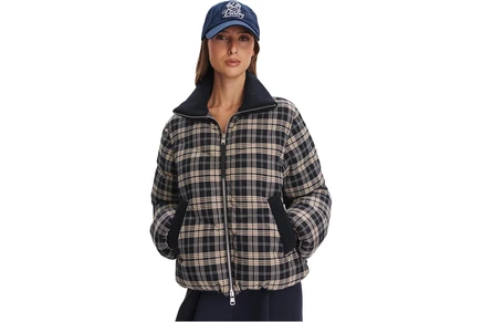 Varley Bryony Short Puffer Jacket navy check