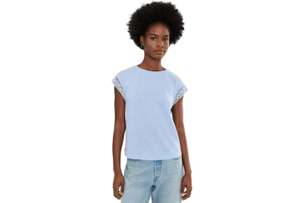 Elliott Lauren Trace of Lace - Cap Sleeve Top with Lace Trim Detail sky blue