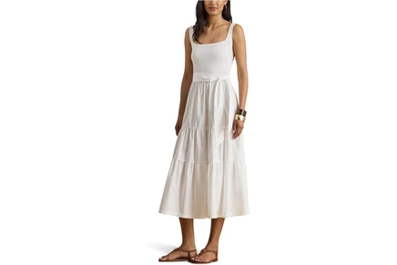 Платье Lauren Ralph Lauren Belted Jersey & Broadcloth Tiered Dress