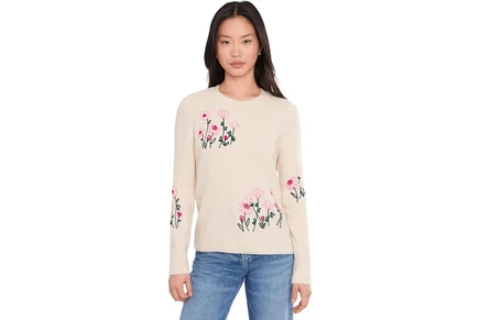 Свитер CeCe Flower Embroidery Long Sleeve Crew Neck Sweater