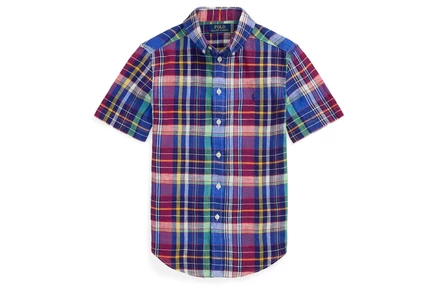 Мужская рубашка Polo Ralph Lauren Kids Plaid Linen Short Sleeve Shirt (Big Kid) navy/red multi