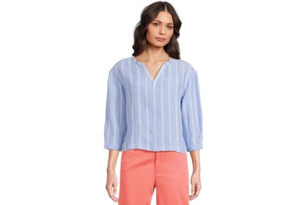L.L.Bean Premium Washable Linen Shirt Split-Neck Stripe arctic blue stripe