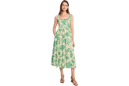 Avec Les Filles Linen Blend Floral Print Midi Dress parrot fan