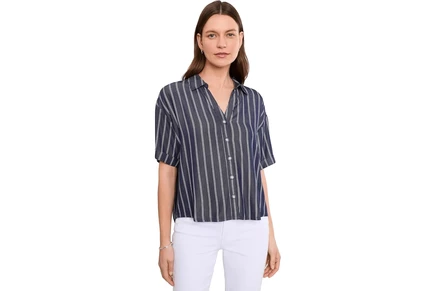 KUT from the Kloth Brenda Boxy Button Front Shirt indigo/white