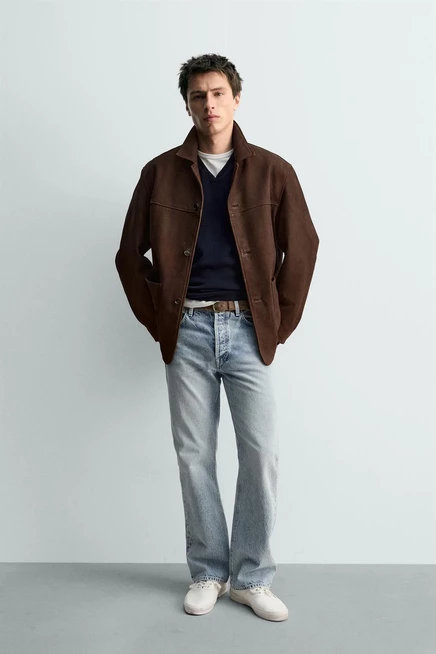 Мужская кожаная куртка ZARA свободного кроя, коричневая