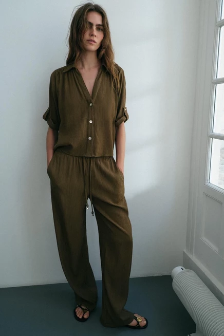 Женская рубашка ZARA с короткими рукавами, оливковая