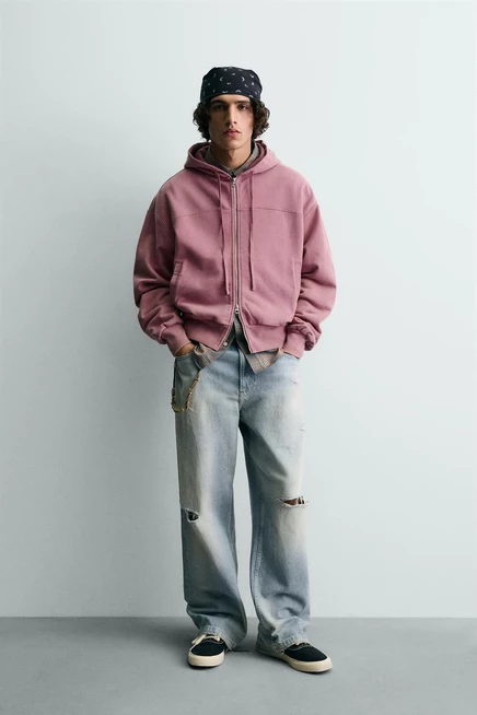 Мужская толстовка ZARA свободного кроя, светло-розовая