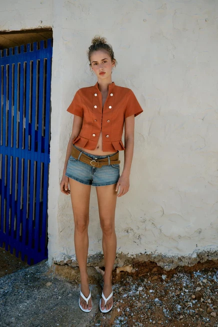 Женский топ Zara Short Sleeve Button, терракотовый