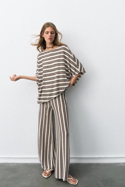 Женские брюки ZARA широкие в полоску, коричневые