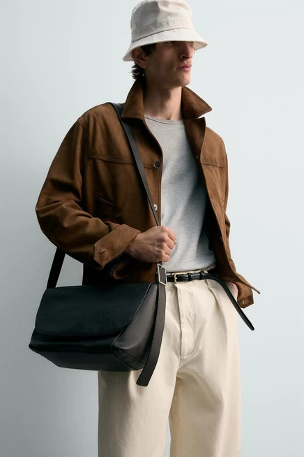 Мужская сумка через плечо ZARA из кожи, коричневая