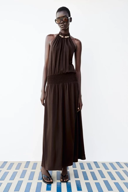 Женское платье ZARA с бисером, коричневое