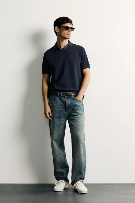 Мужское поло ZARA Contrast Regular Fit, темно-синее