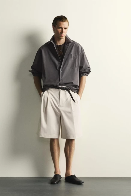 Мужские шорты ZARA Wide Fit с защипами, молочные