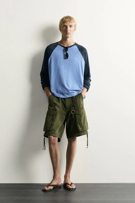 Мужской лонгслив Zara из хлопка и льна, синий