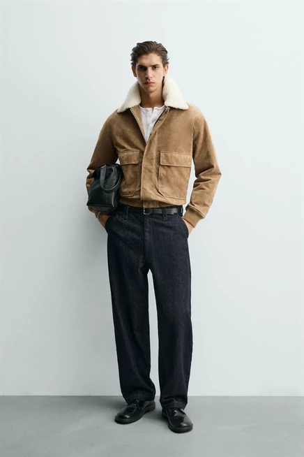 Мужская кожаная куртка zara с флисовым воротником, бежевая