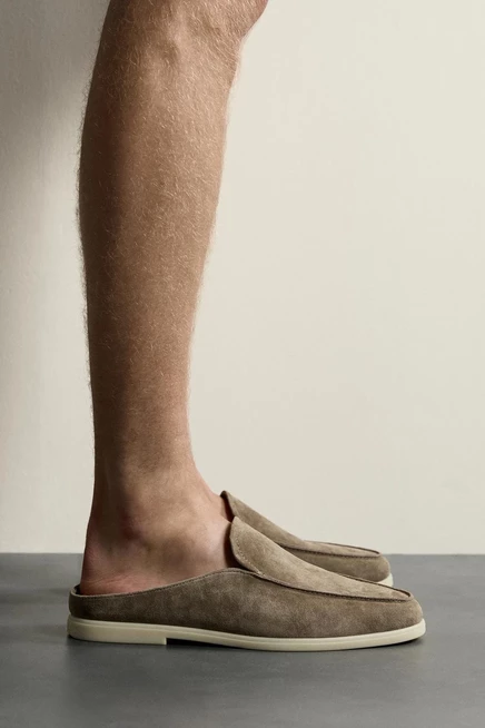 Мужские лоферы-мюли ZARA из кожи, серо-бежевые