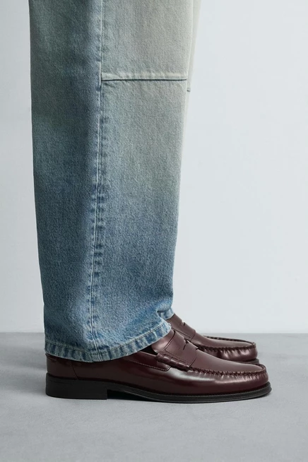 Мужские лоферы ZARA кожаные penny, бордовые